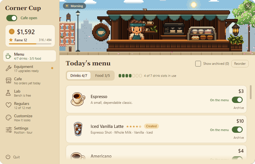 Today's menu: espresso, an iced vanilla latte the player created, and an americano, each with its price.